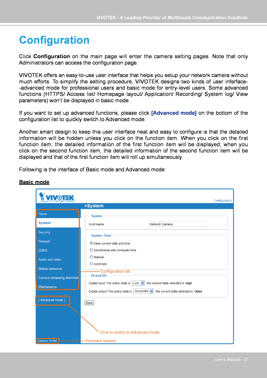 Vivotek FD7141(V) manual Configuration, Basic mode 