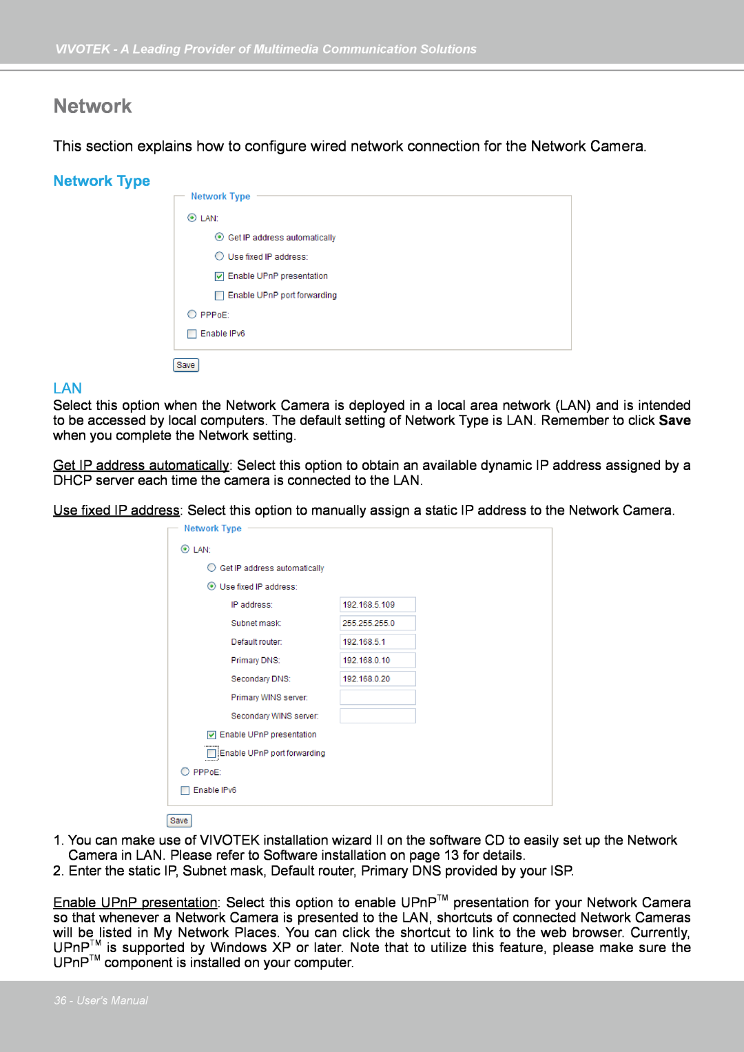 Vivotek FD7141(V) manual Network Type 