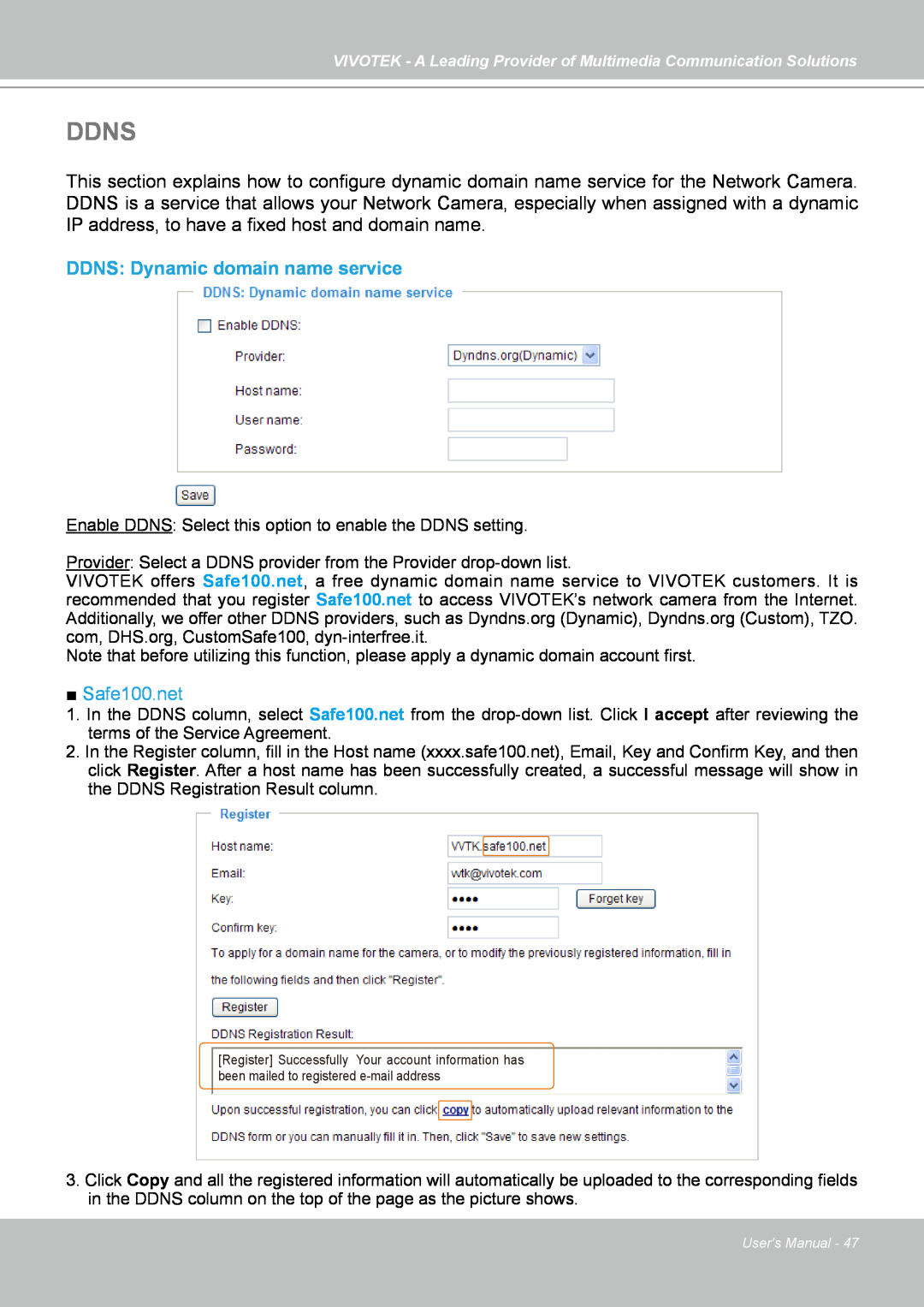 Vivotek FD7141(V) manual Ddns, DDNS: Dynamic domain name service, Safe100.net 