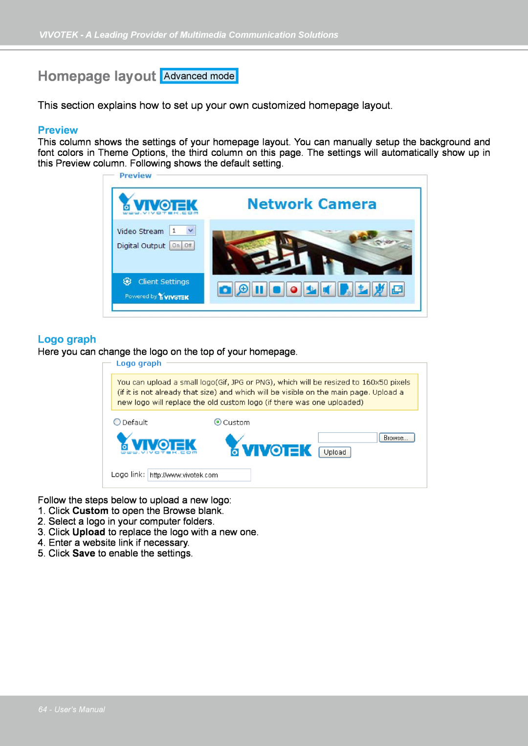 Vivotek FD7141(V) manual Homepage layout, Preview, Logo graph 