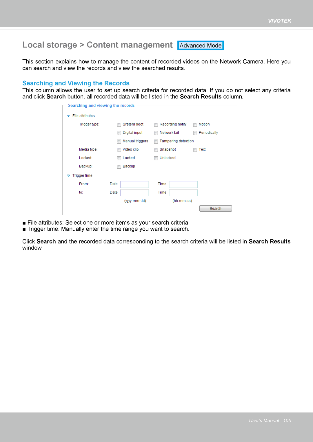 Vivotek FD8131 user manual Local storage Content management, Searching and Viewing the Records 