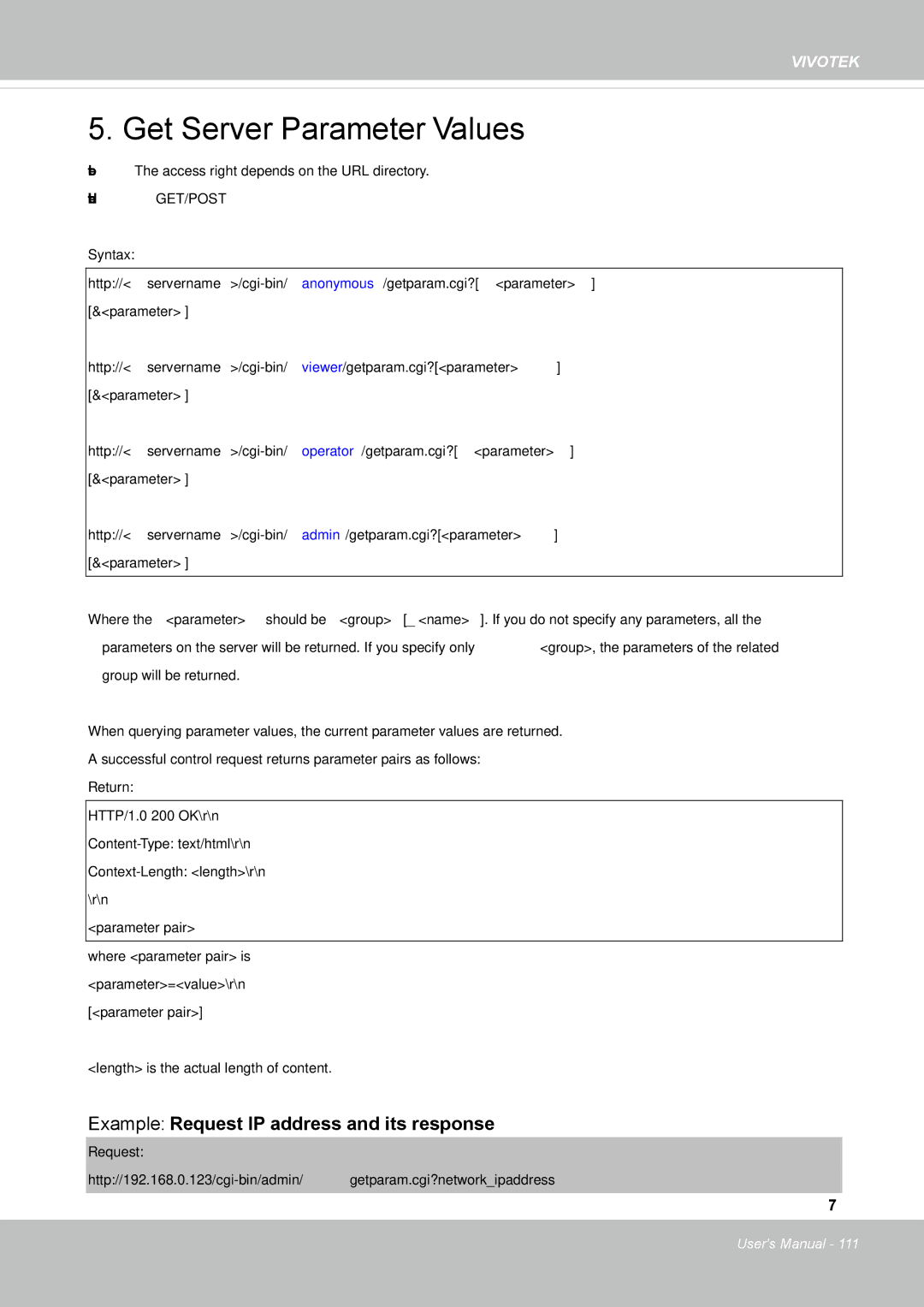 Vivotek FD8131 user manual Get Server Parameter Values, Method GET/POST 