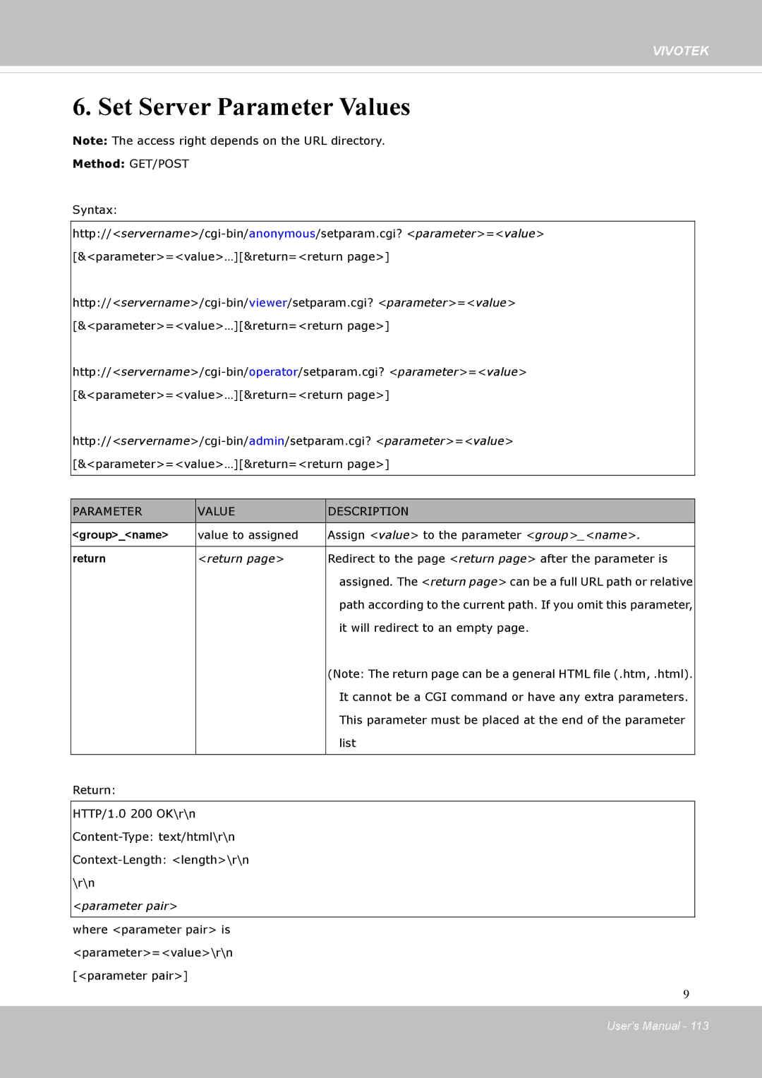 Vivotek FD8131 user manual Set Server Parameter Values 