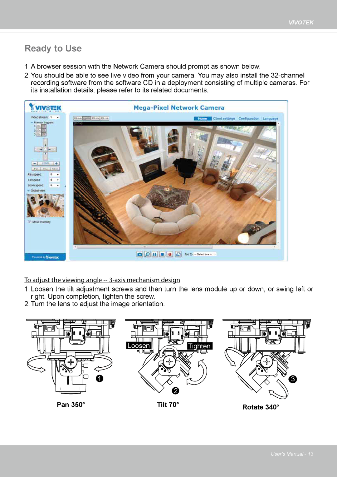 Vivotek FD8131 user manual Ready to Use, Tilt Rotate 