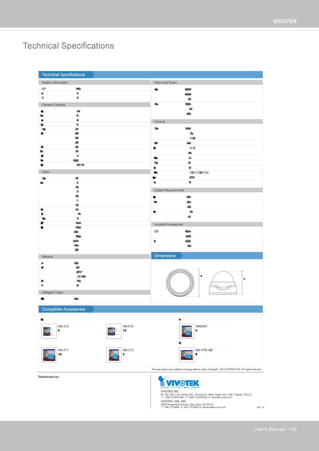 Vivotek FD8131 user manual Technical Specifications 