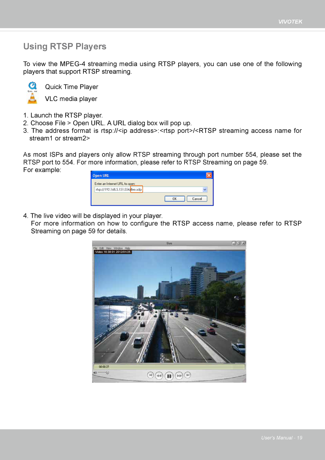 Vivotek FD8131 user manual Using Rtsp Players 