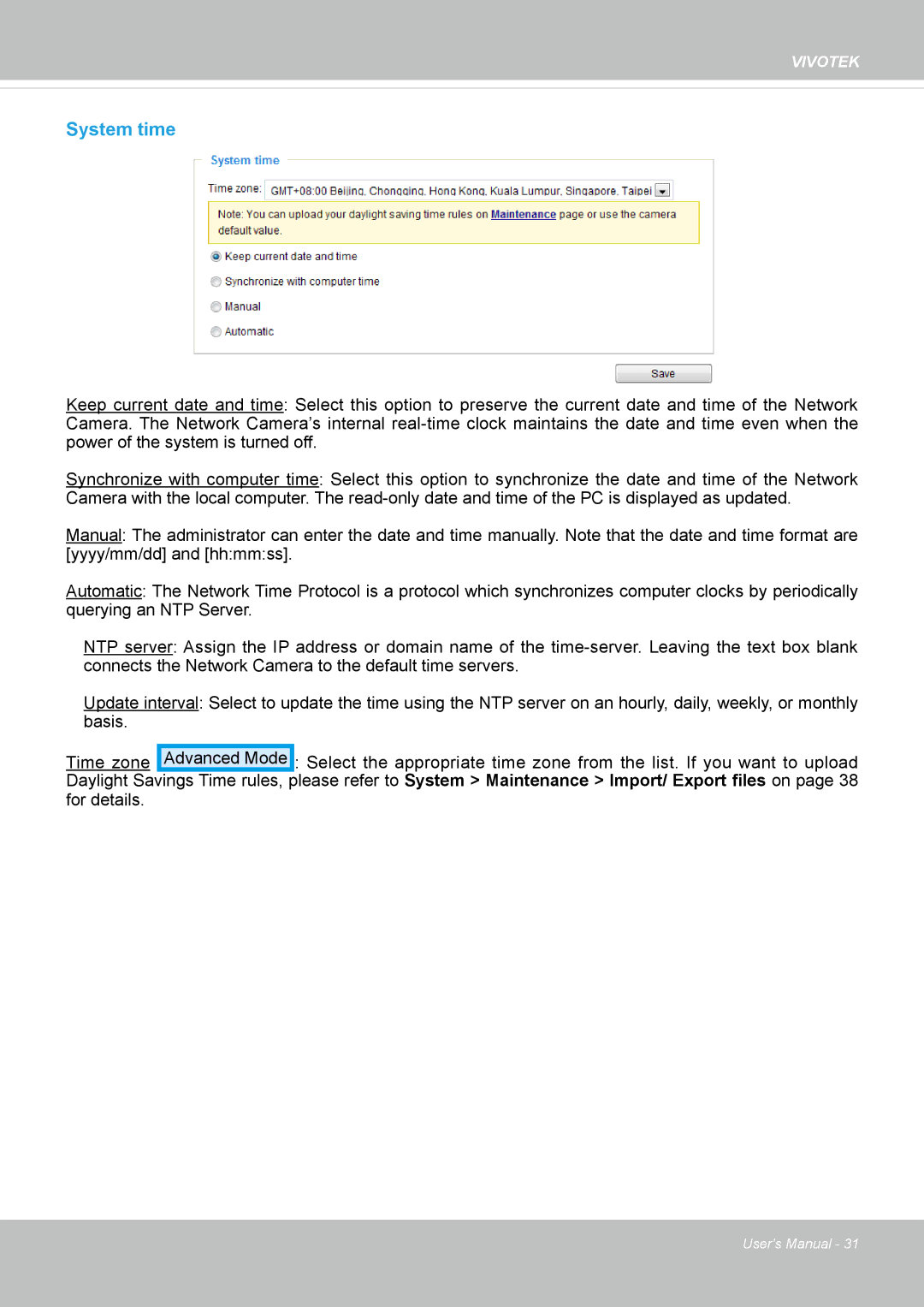 Vivotek FD8131 user manual System time 