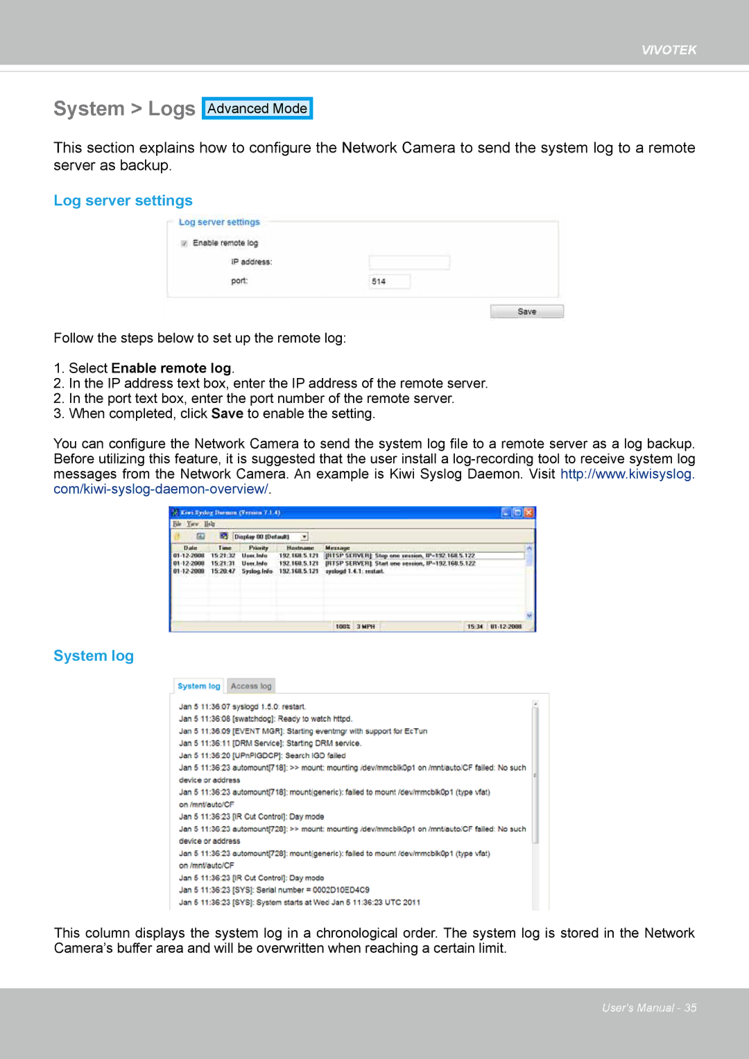 Vivotek FD8131 user manual System Logs, Log server settings, System log 