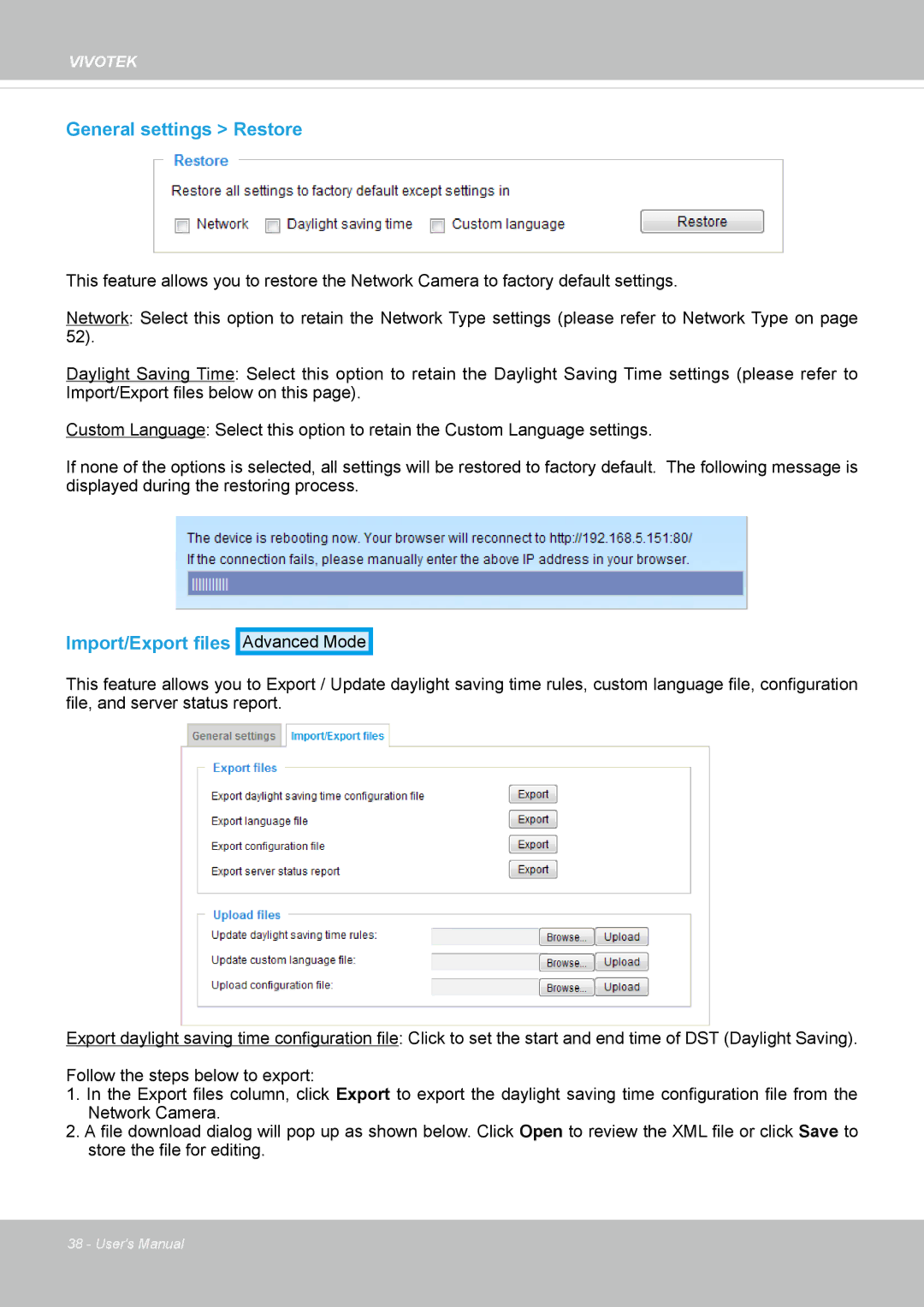 Vivotek FD8131 user manual General settings Restore, Import/Export files 