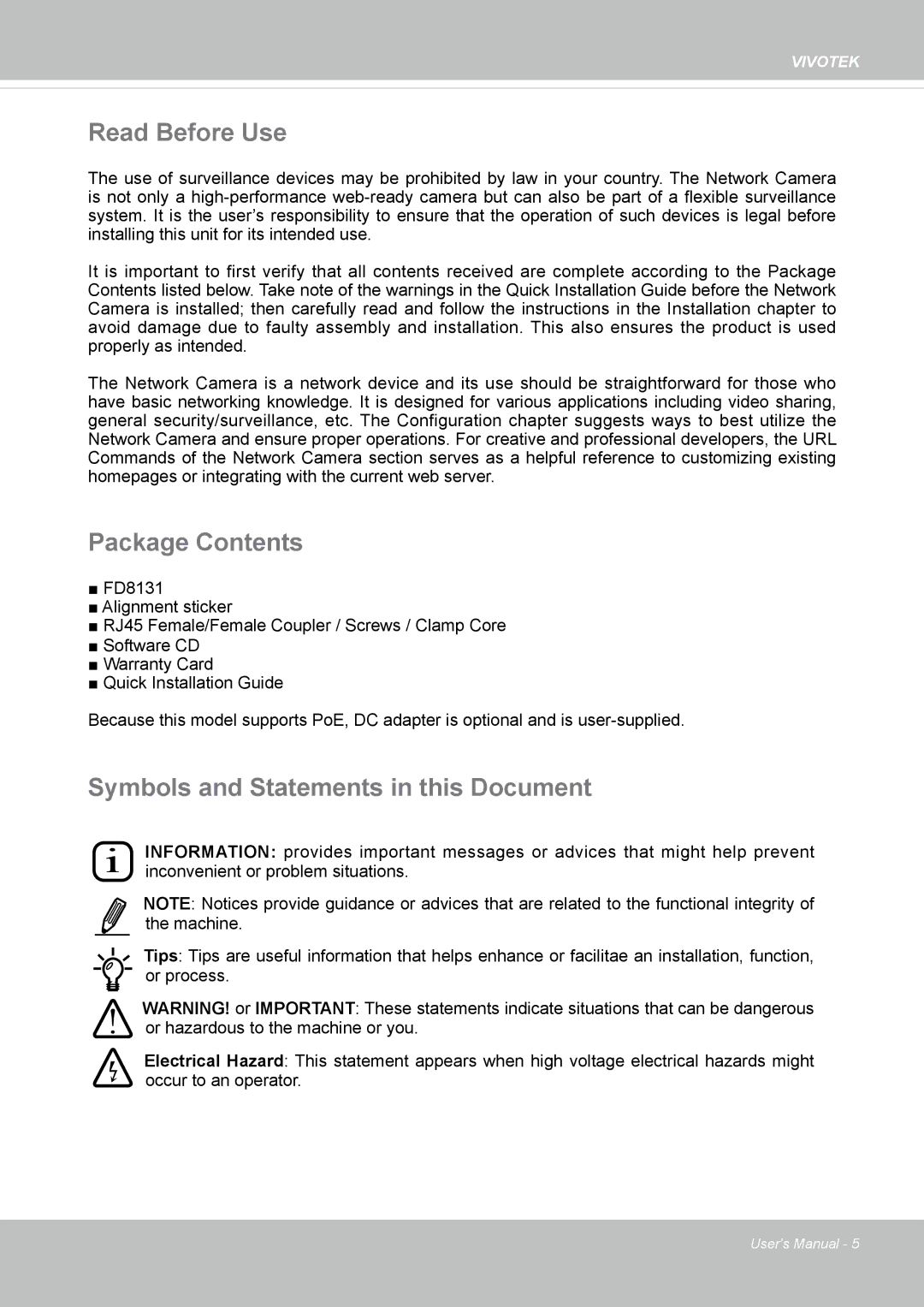 Vivotek FD8131 user manual Read Before Use, Package Contents, Symbols and Statements in this Document 