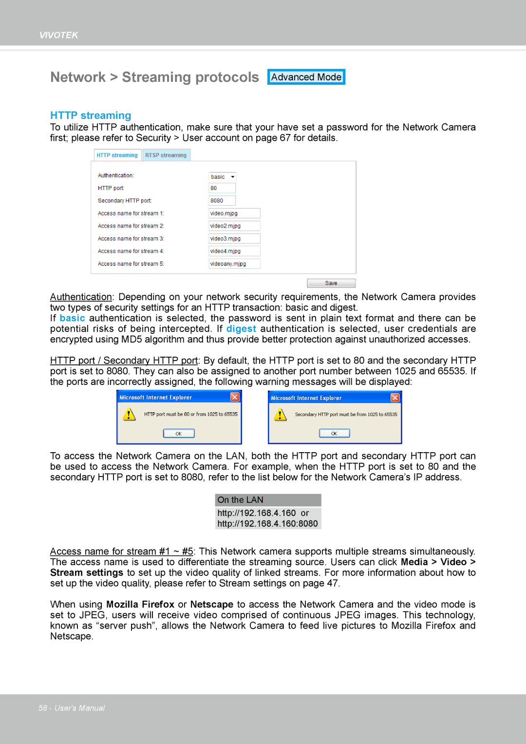 Vivotek FD8131 user manual Network Streaming protocols, Http streaming 