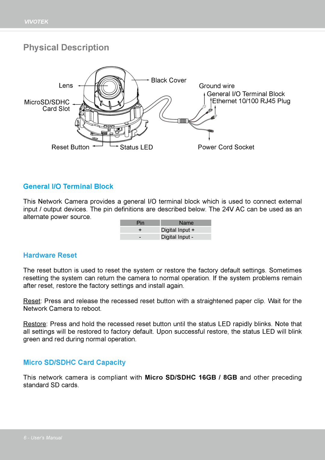 Vivotek FD8131 user manual Physical Description, General I/O Terminal Block 