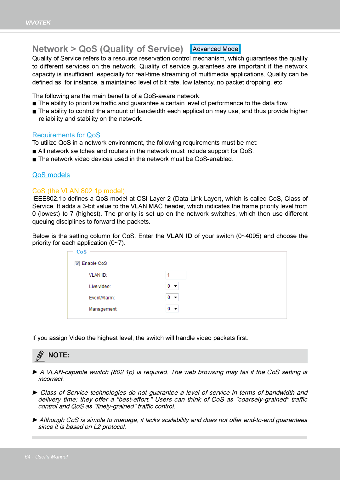 Vivotek FD8131 user manual Network QoS Quality of Service, Requirements for QoS 