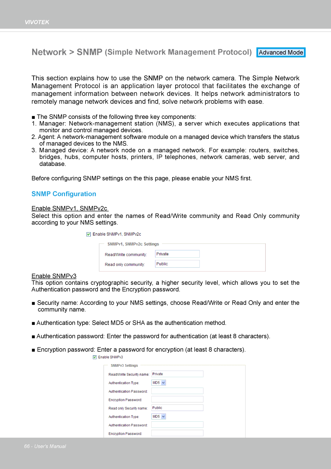 Vivotek FD8131 user manual Network Snmp Simple Network Management Protocol, Snmp Configuration 