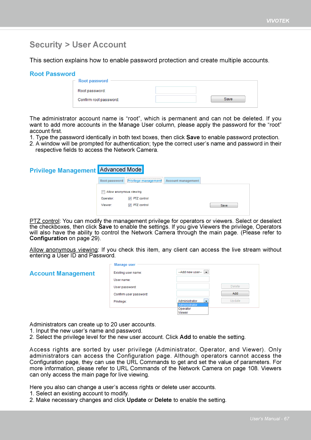 Vivotek FD8131 user manual Security User Account, Root Password, Privilege Management, Account Management 