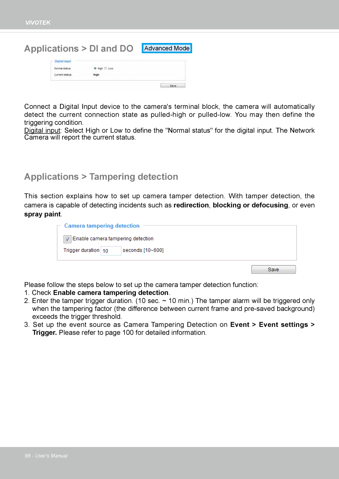 Vivotek FD8131 user manual Applications DI and do, Applications Tampering detection 