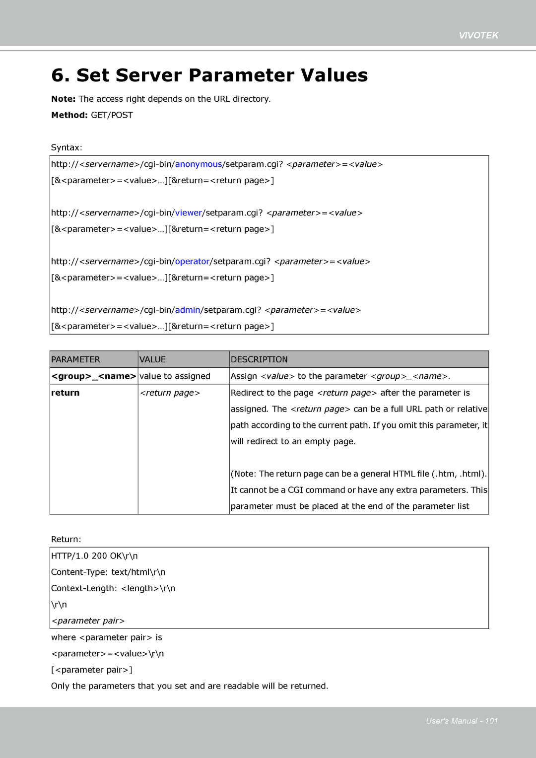 Vivotek FD8133 user manual Set Server Parameter Values 