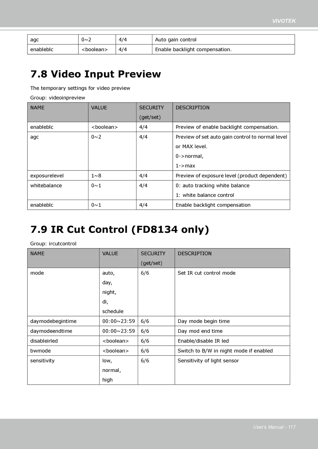 Vivotek FD8133 user manual Video Input Preview, IR Cut Control FD8134 only 