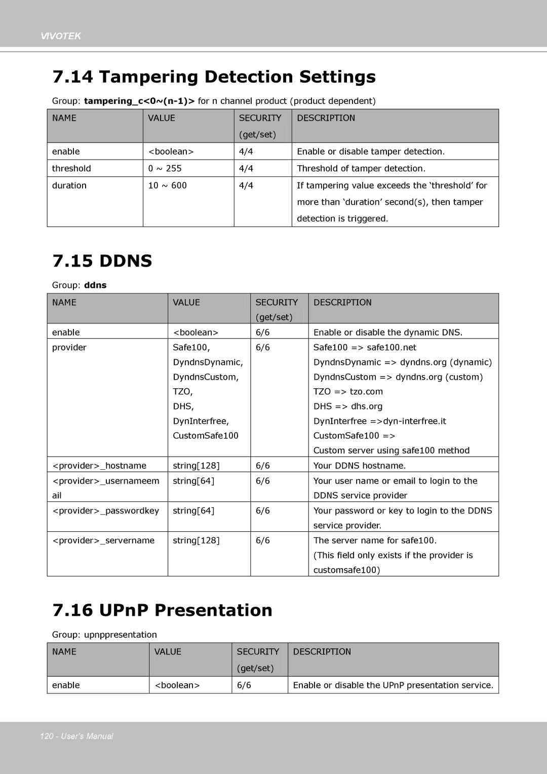 Vivotek FD8133 user manual Tampering Detection Settings, Ddns, UPnP Presentation 