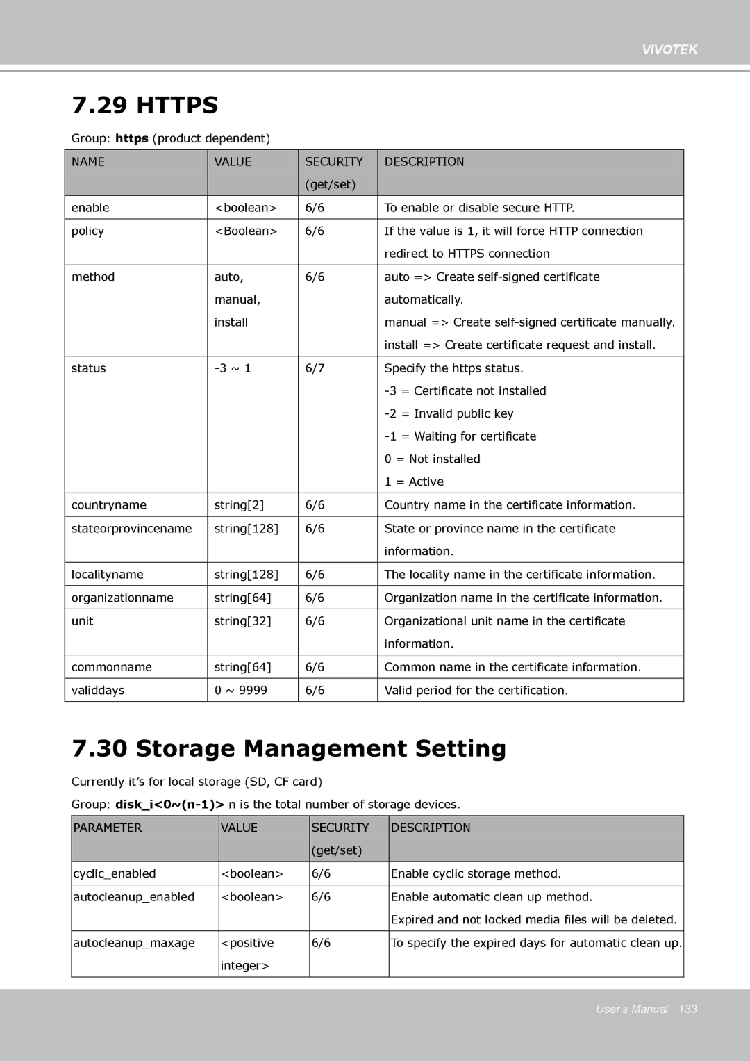 Vivotek FD8133 user manual Https, Storage Management Setting 