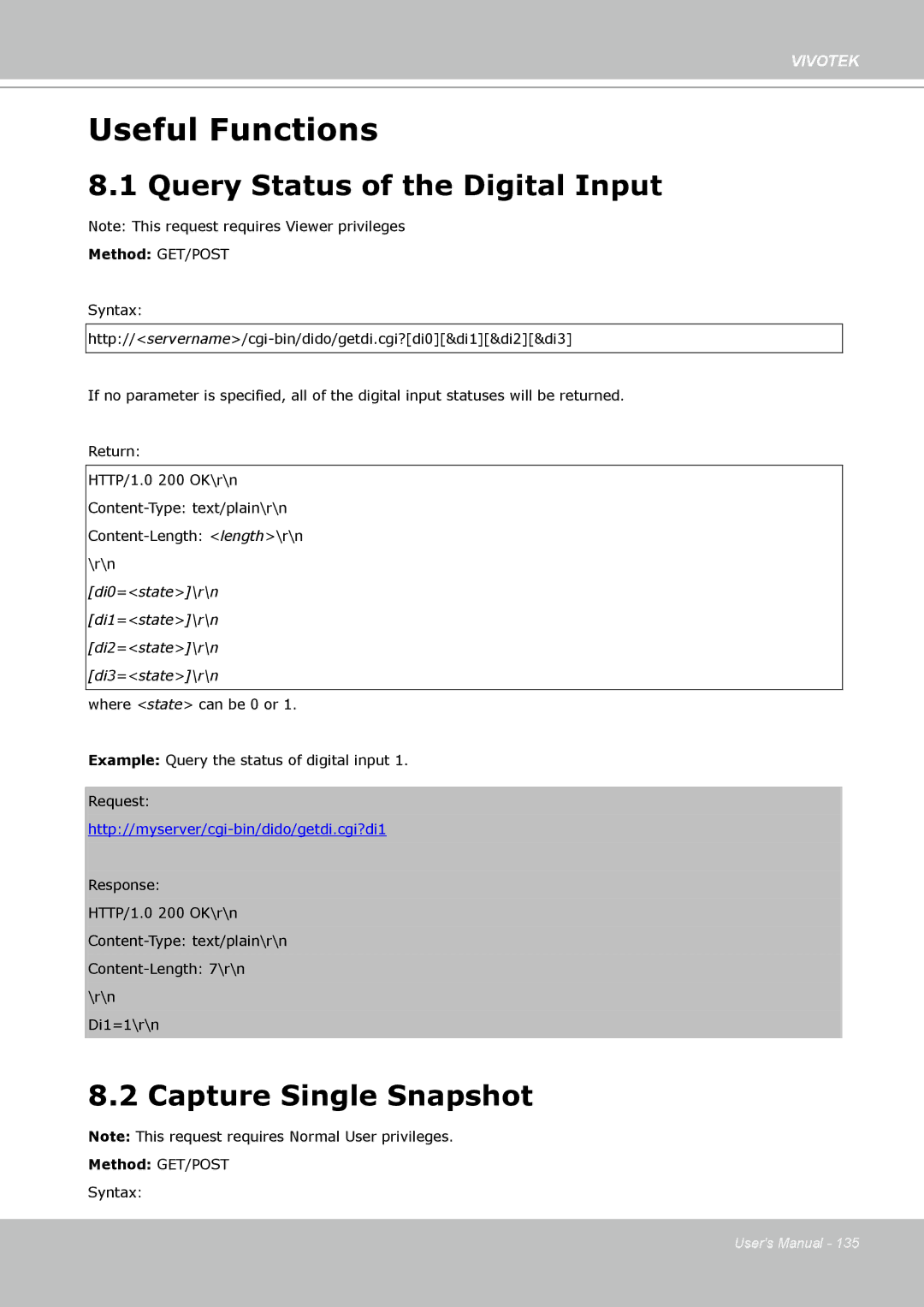 Vivotek FD8133 user manual Query Status of the Digital Input, Capture Single Snapshot 