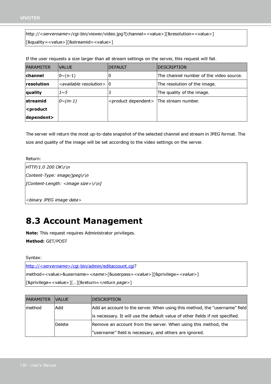 Vivotek FD8133 user manual Account Management, Product Dependent 