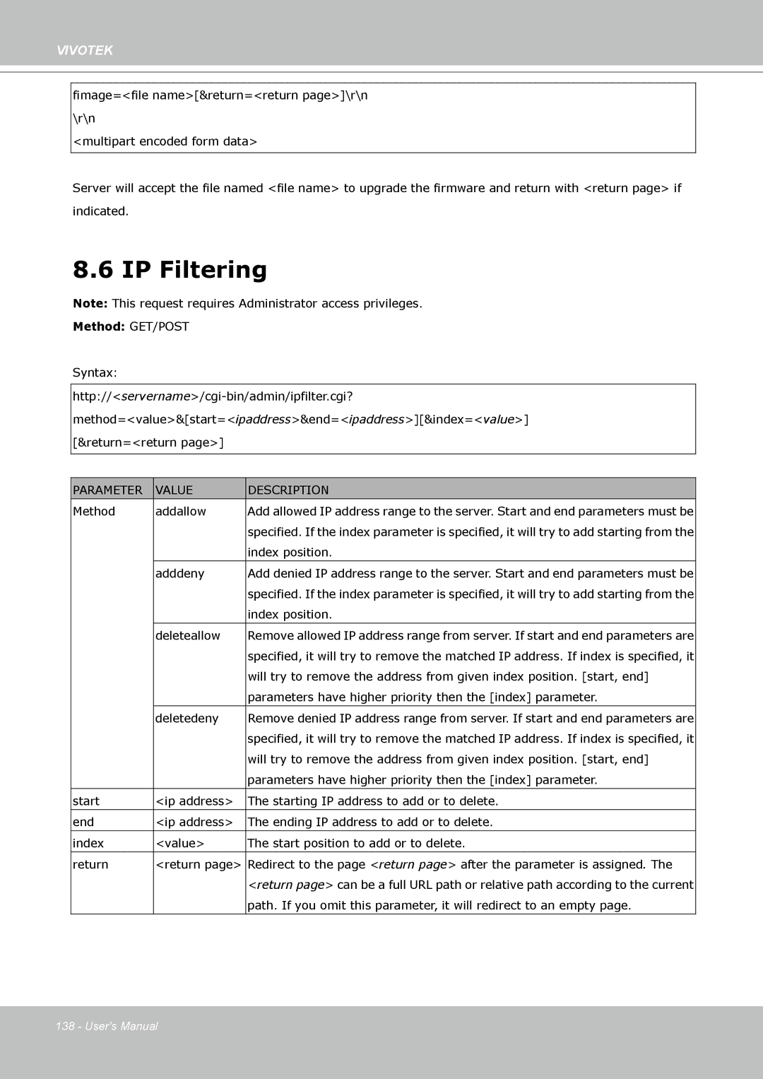 Vivotek FD8133 user manual IP Filtering, Method Addallow 