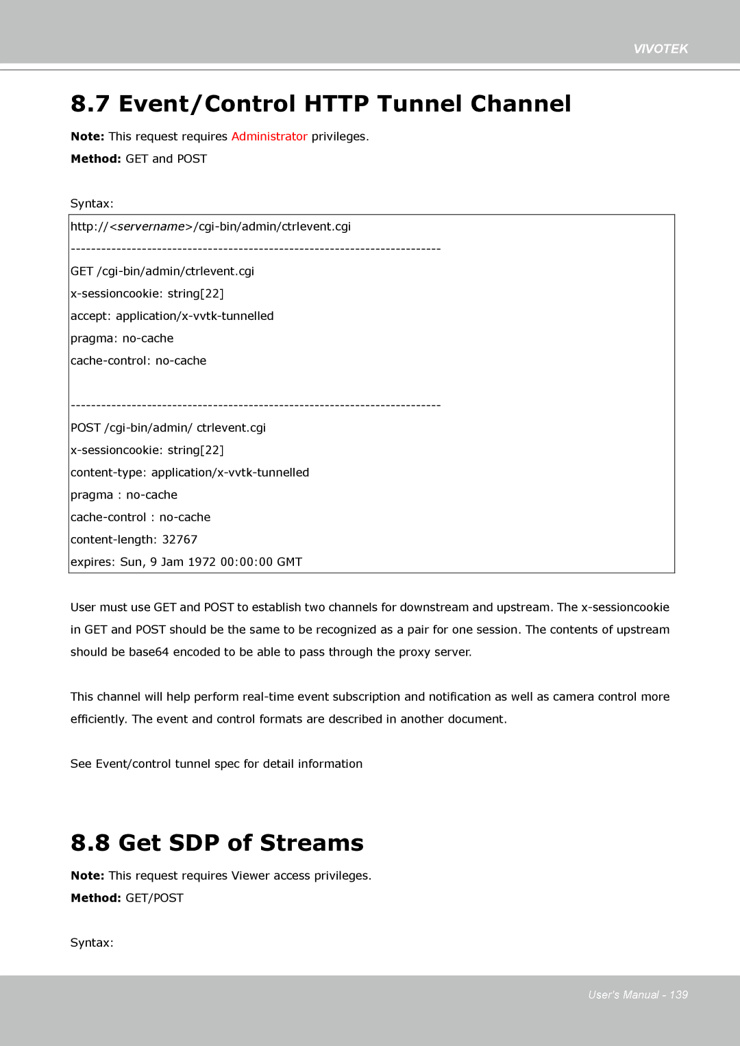 Vivotek FD8133 user manual Event/Control Http Tunnel Channel, Get SDP of Streams 