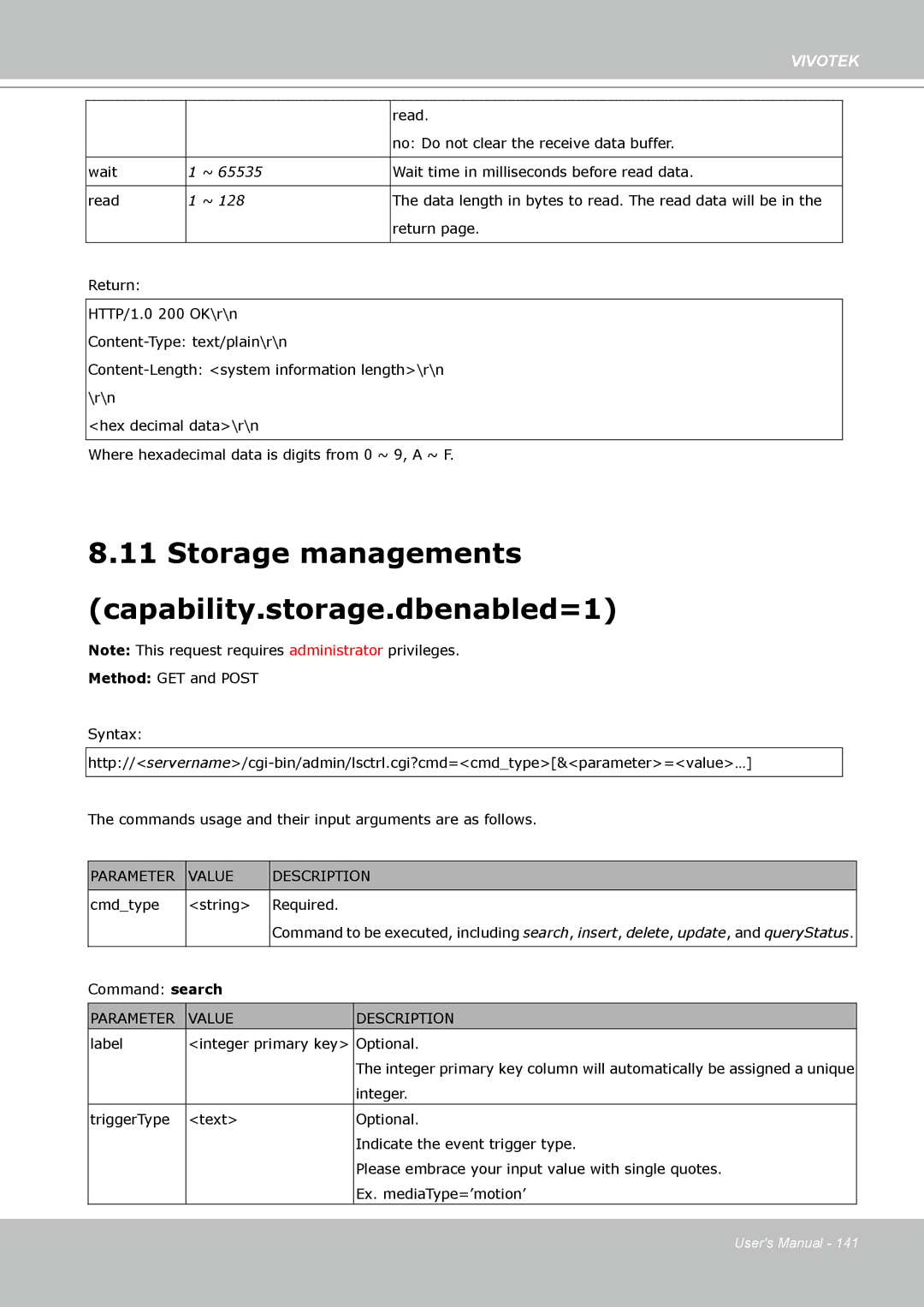 Vivotek FD8133 user manual Storage managements capability.storage.dbenabled=1 