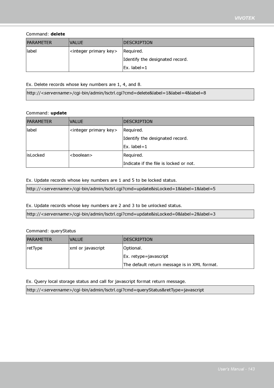 Vivotek FD8133 user manual Command delete 