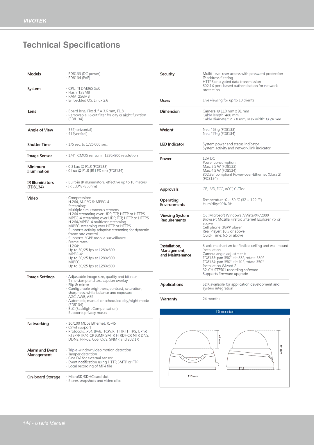 Vivotek FD8133 user manual Technical Specifications, Lens 