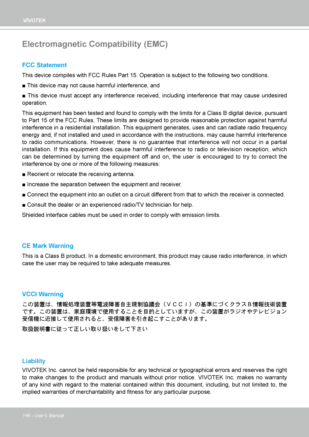 Vivotek FD8133 user manual Electromagnetic Compatibility EMC, Liability 