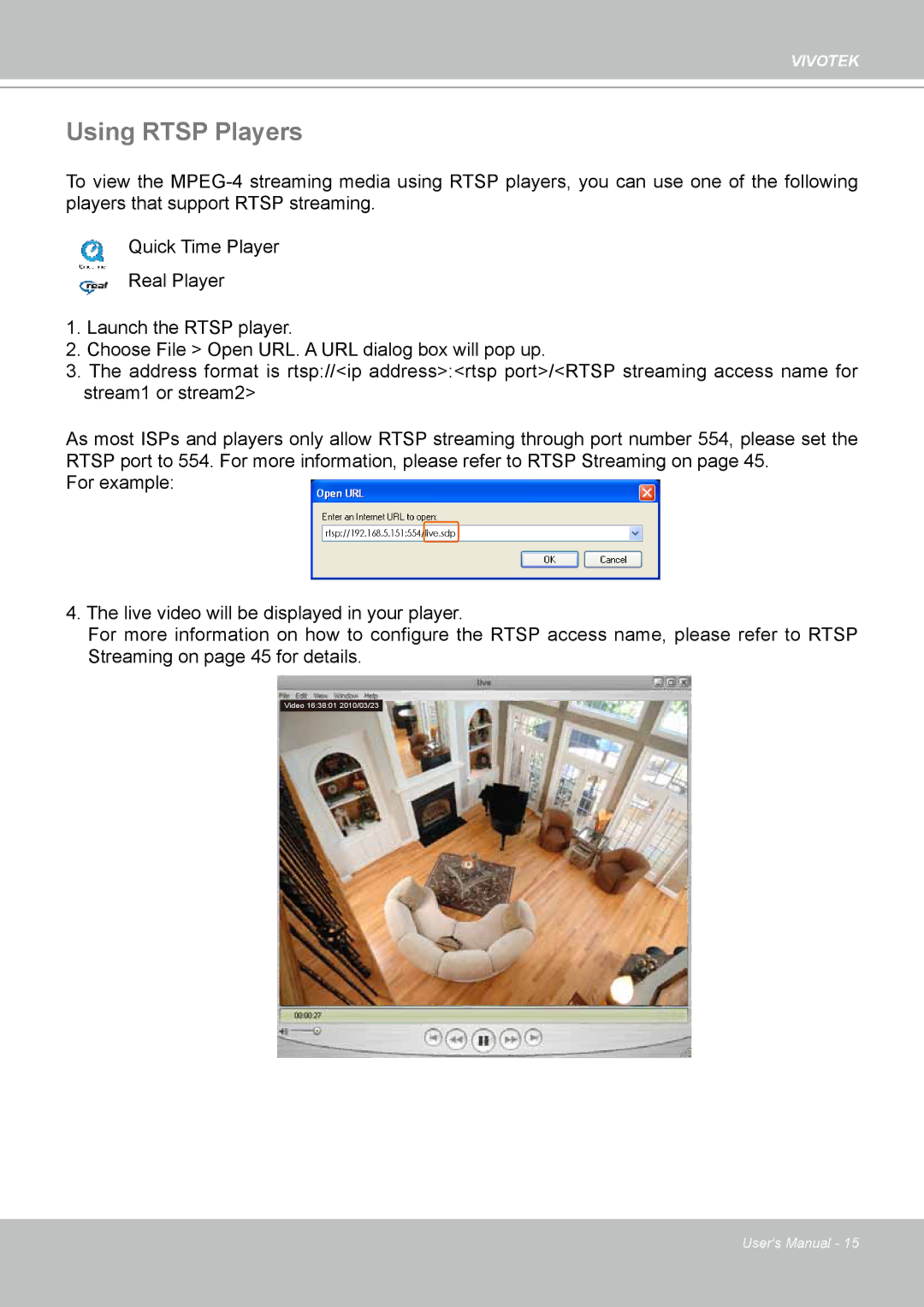 Vivotek FD8133 user manual Using Rtsp Players 