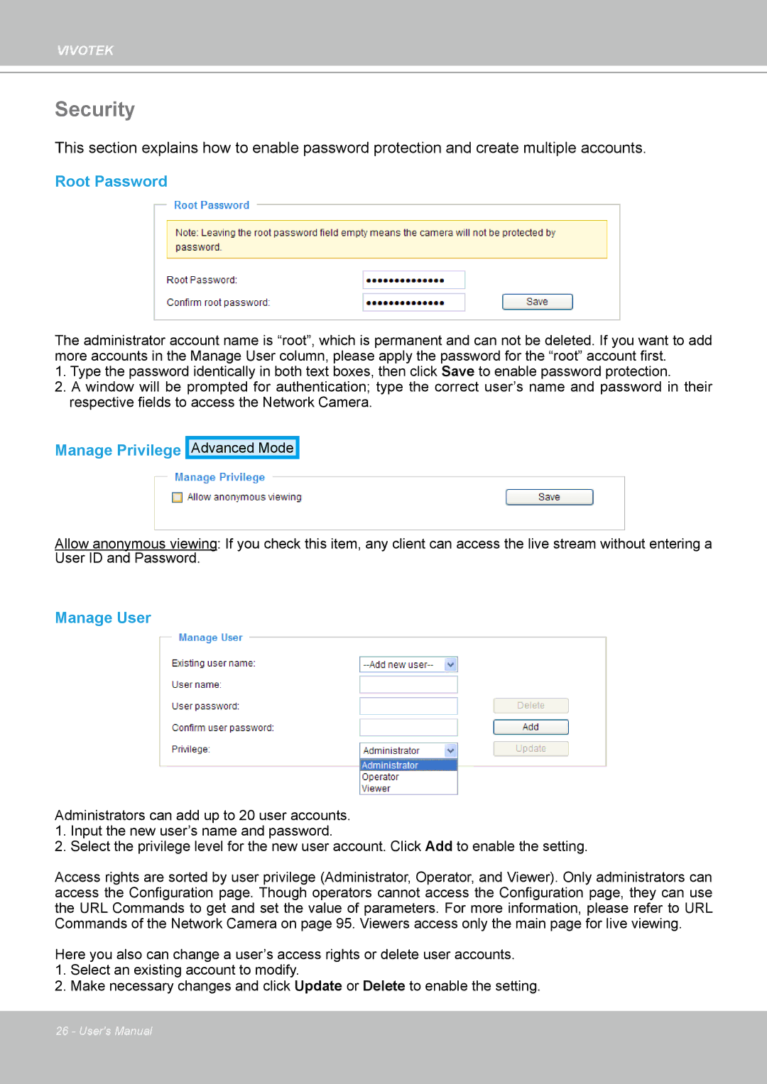 Vivotek FD8133 user manual Security, Root Password, Manage Privilege, Manage User 