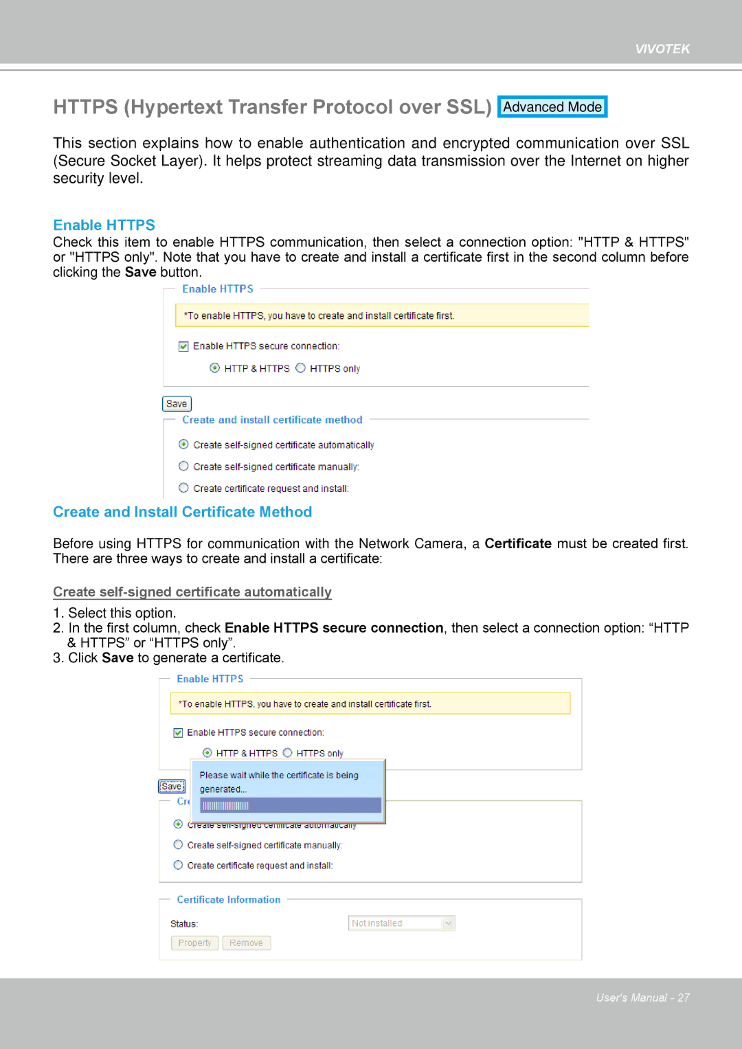 Vivotek FD8133 user manual Https Hypertext Transfer Protocol over SSL, Enable Https, Create and Install Certificate Method 