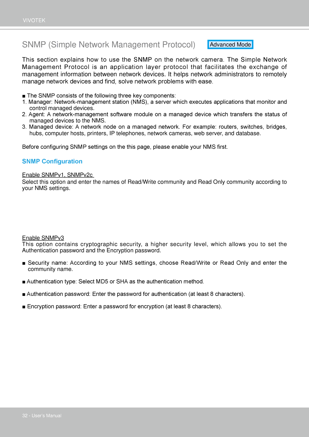 Vivotek FD8133 user manual Snmp Simple Network Management Protocol, Snmp Configuration 