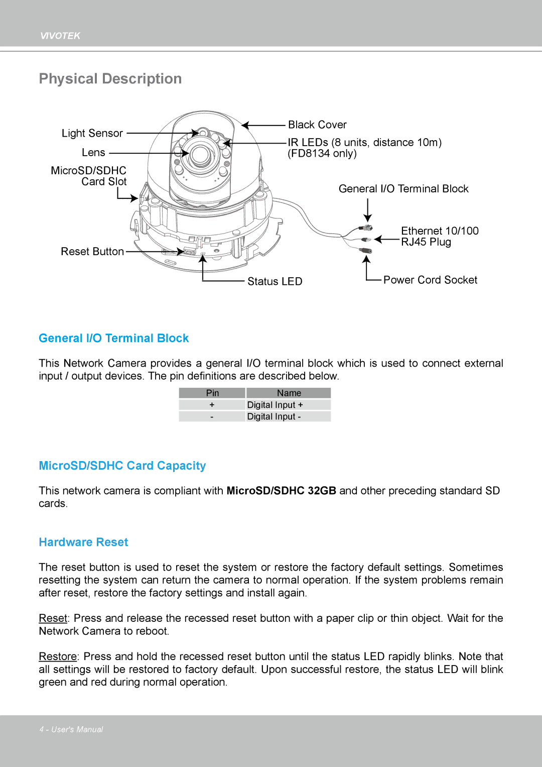 Vivotek FD8133 user manual Physical Description, General I/O Terminal Block 