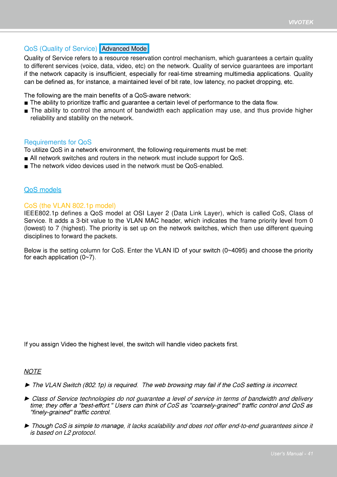 Vivotek FD8133 user manual CoS the Vlan 802.1p model 