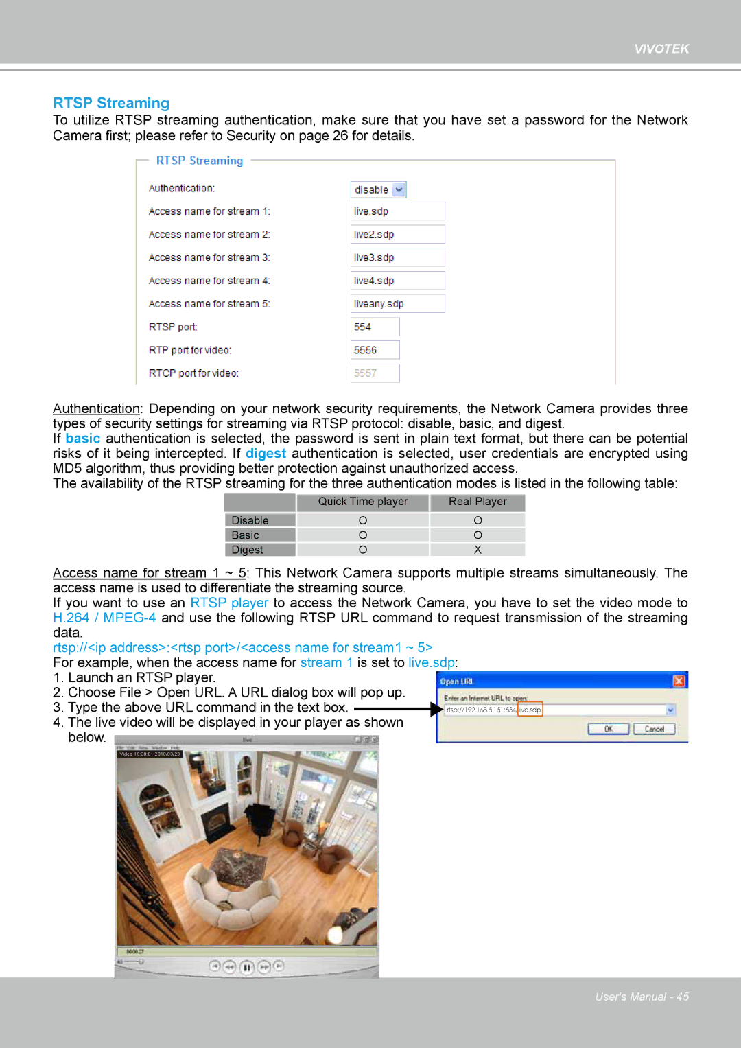 Vivotek FD8133 user manual Rtsp Streaming 