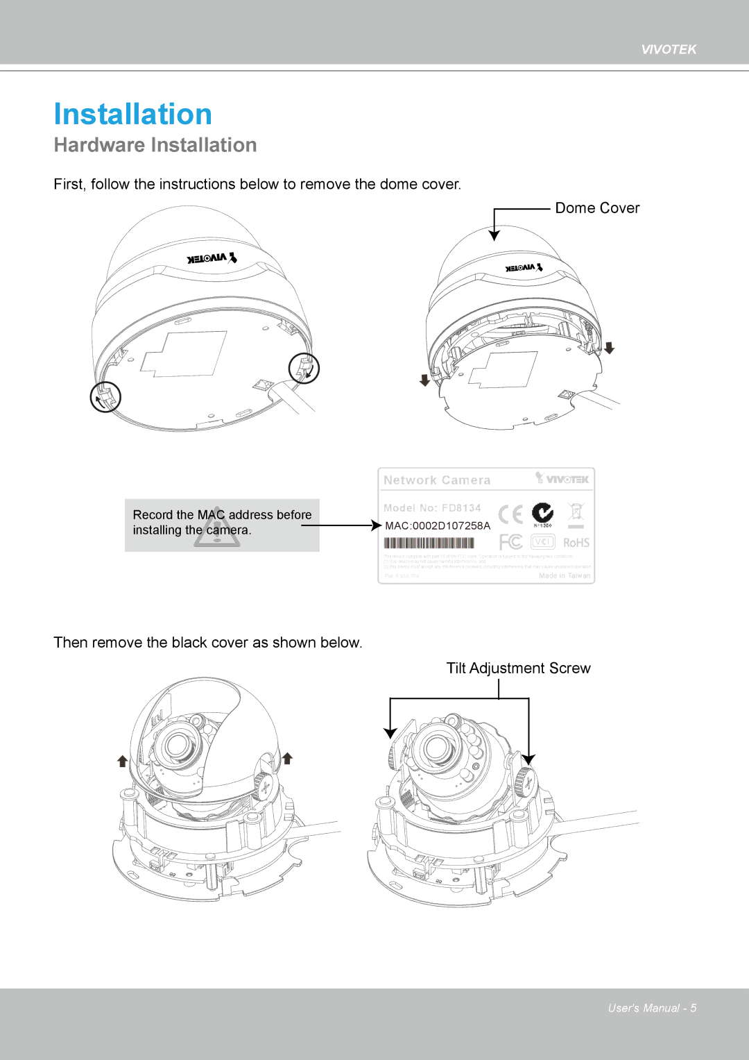 Vivotek FD8133 user manual Hardware Installation 