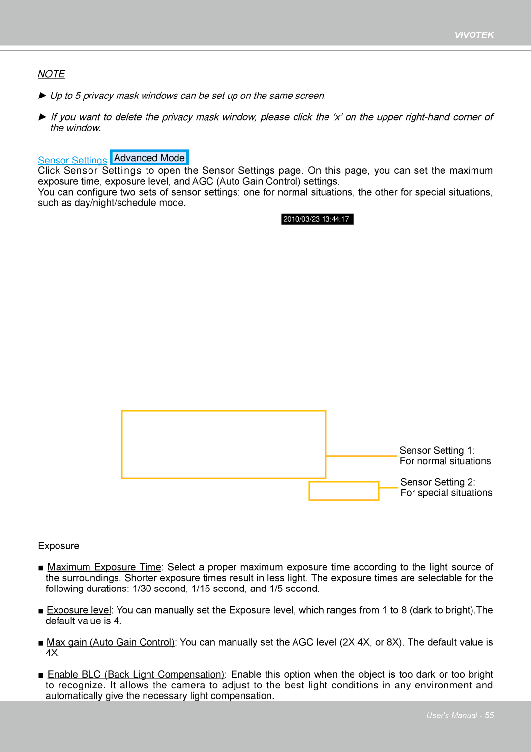 Vivotek FD8133 user manual Sensor Settings Advanced Mode 