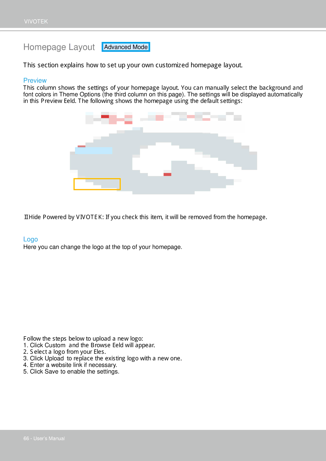 Vivotek FD8133 user manual Homepage Layout, Preview, Logo 