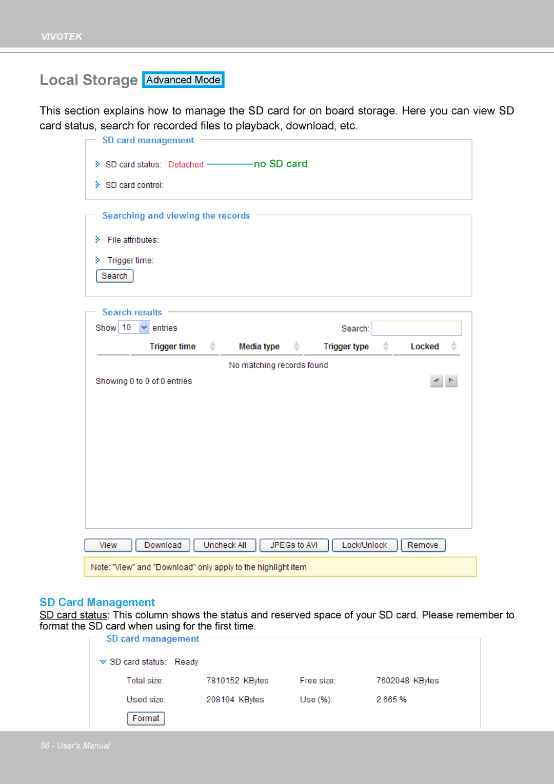 Vivotek FD8133 user manual Local Storage, SD Card Management 