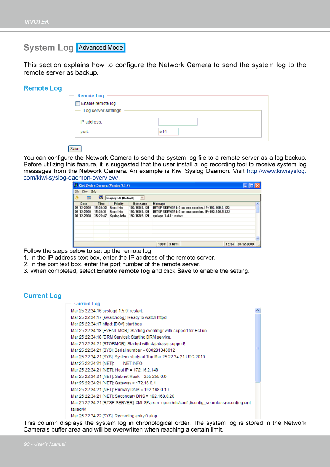 Vivotek FD8133 user manual System Log, Remote Log, Current Log 