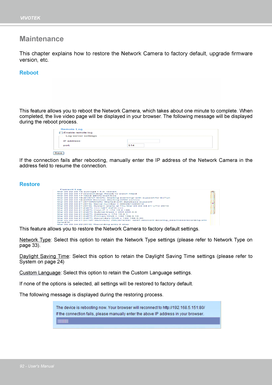 Vivotek FD8133 user manual Maintenance, Reboot, Restore 