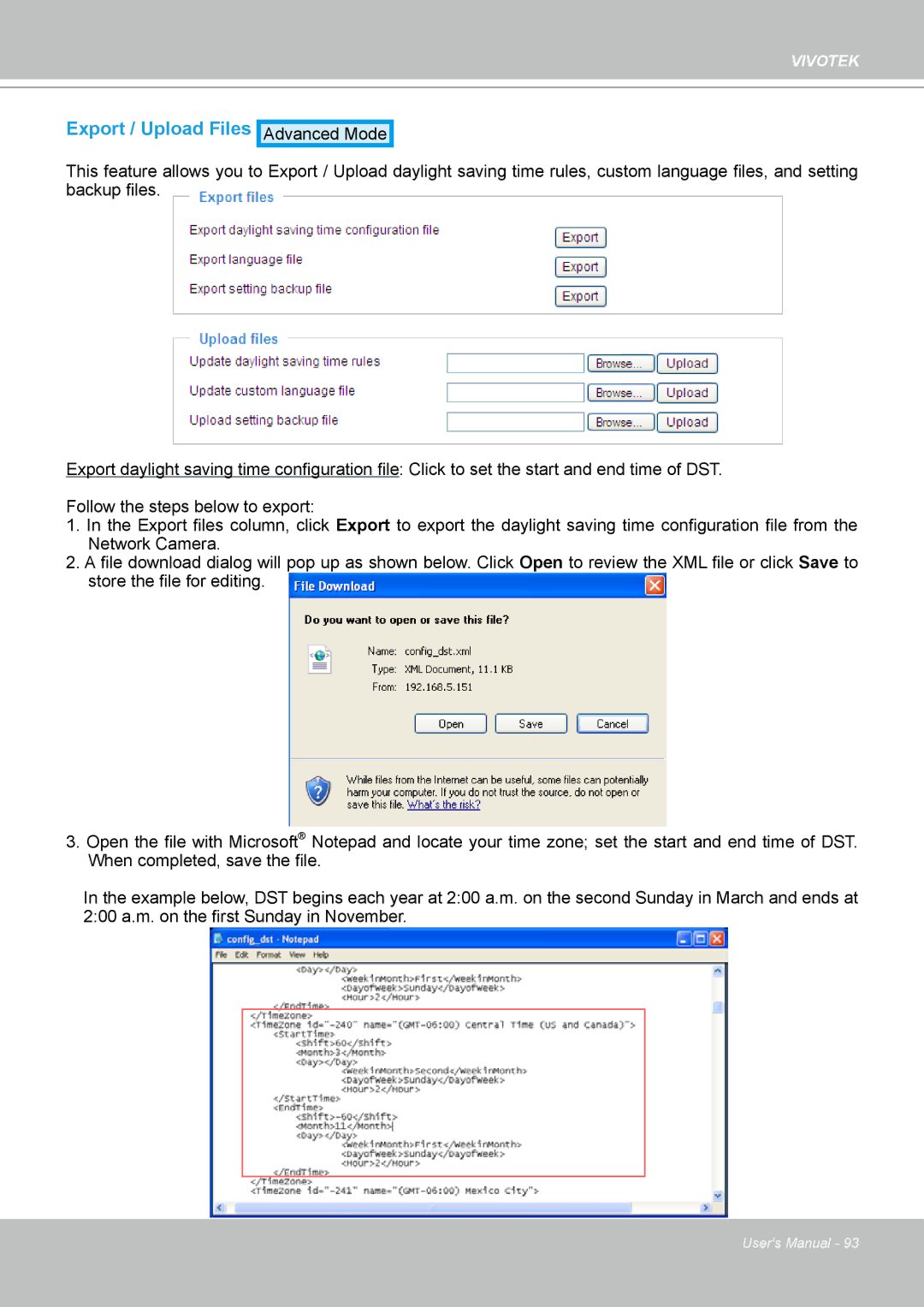 Vivotek FD8133 user manual Export / Upload Files 