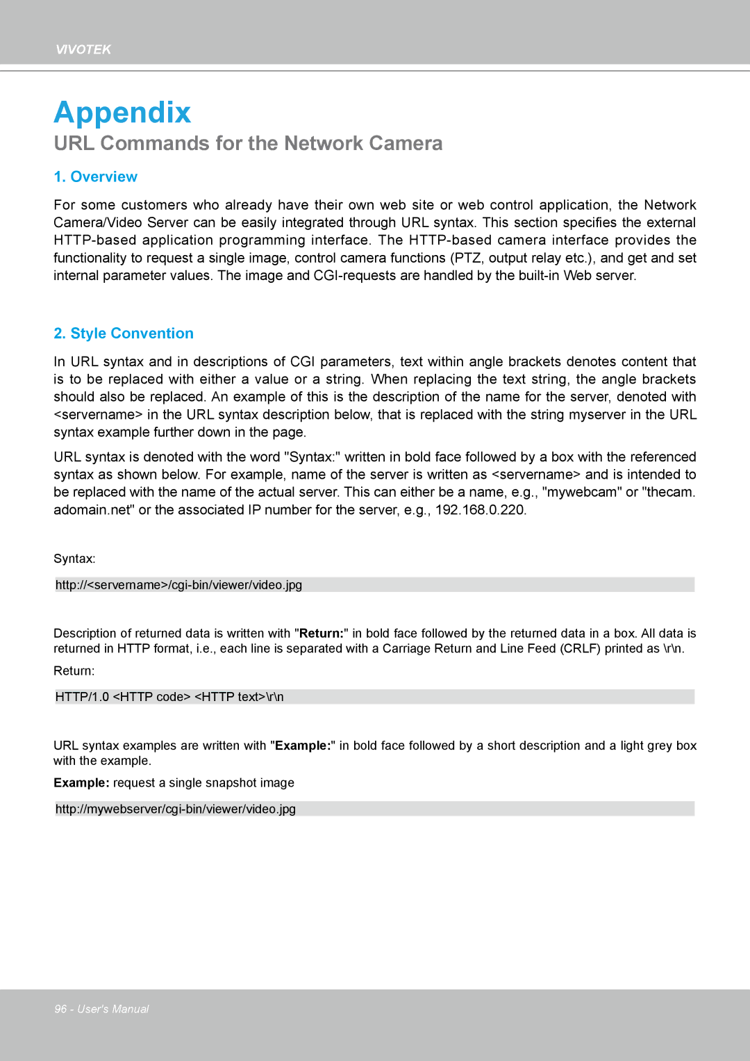 Vivotek FD8133 user manual Appendix, URL Commands for the Network Camera 