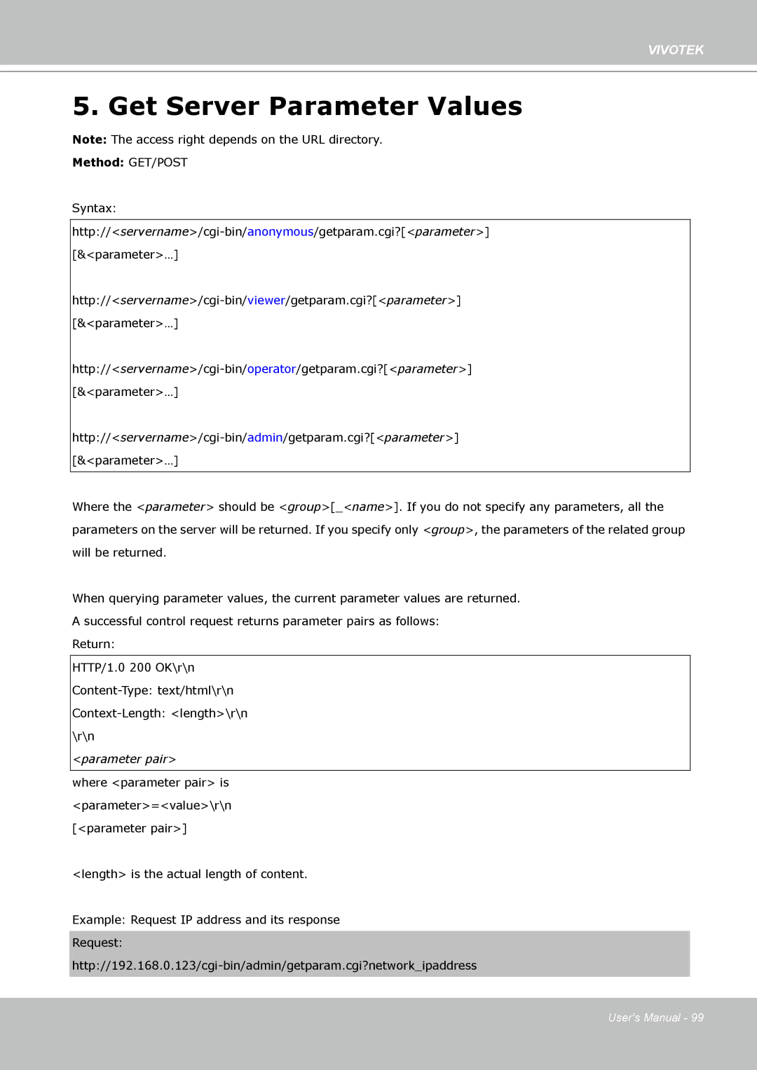 Vivotek FD8133 user manual Get Server Parameter Values 