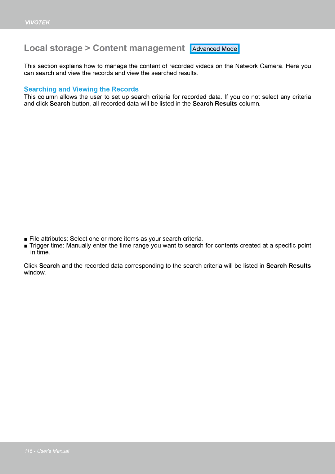 Vivotek FD8133V, FD8134V user manual Local storage Content management, Searching and Viewing the Records 