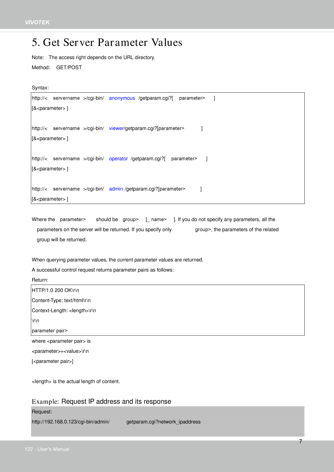 Vivotek FD8133V, FD8134V user manual Get Server Parameter Values, Method GET/POST 